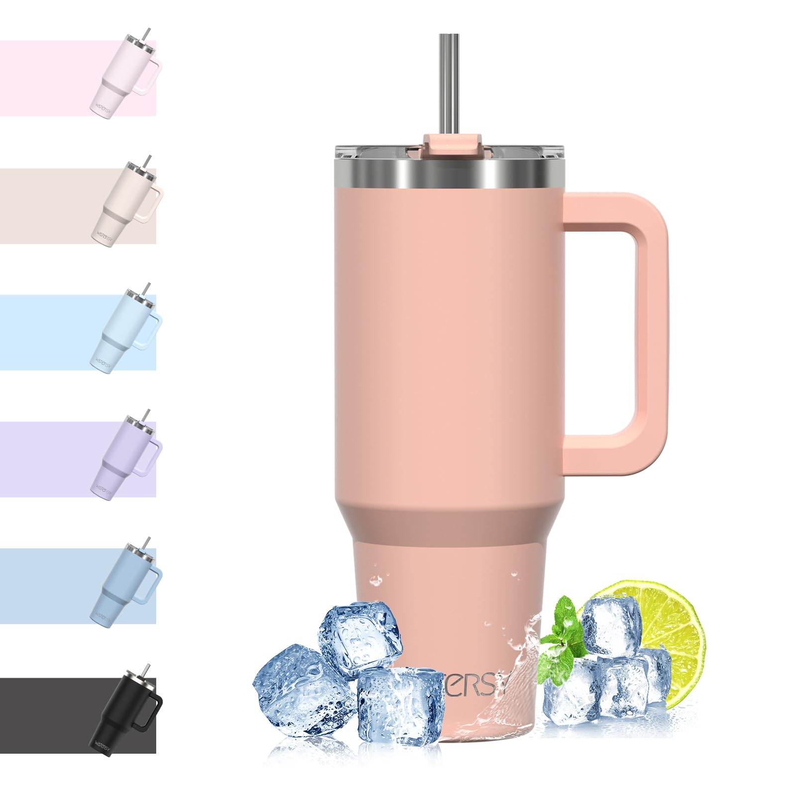 WATERSY Travel Mug Coffee Cup 40oz Tumbler Straw Lid and Handle, Stainless Steel Double Wall Vacuum Insulated Coffee Water Bottle Thermal for Cold Hot Coffee 1182ml Pink
