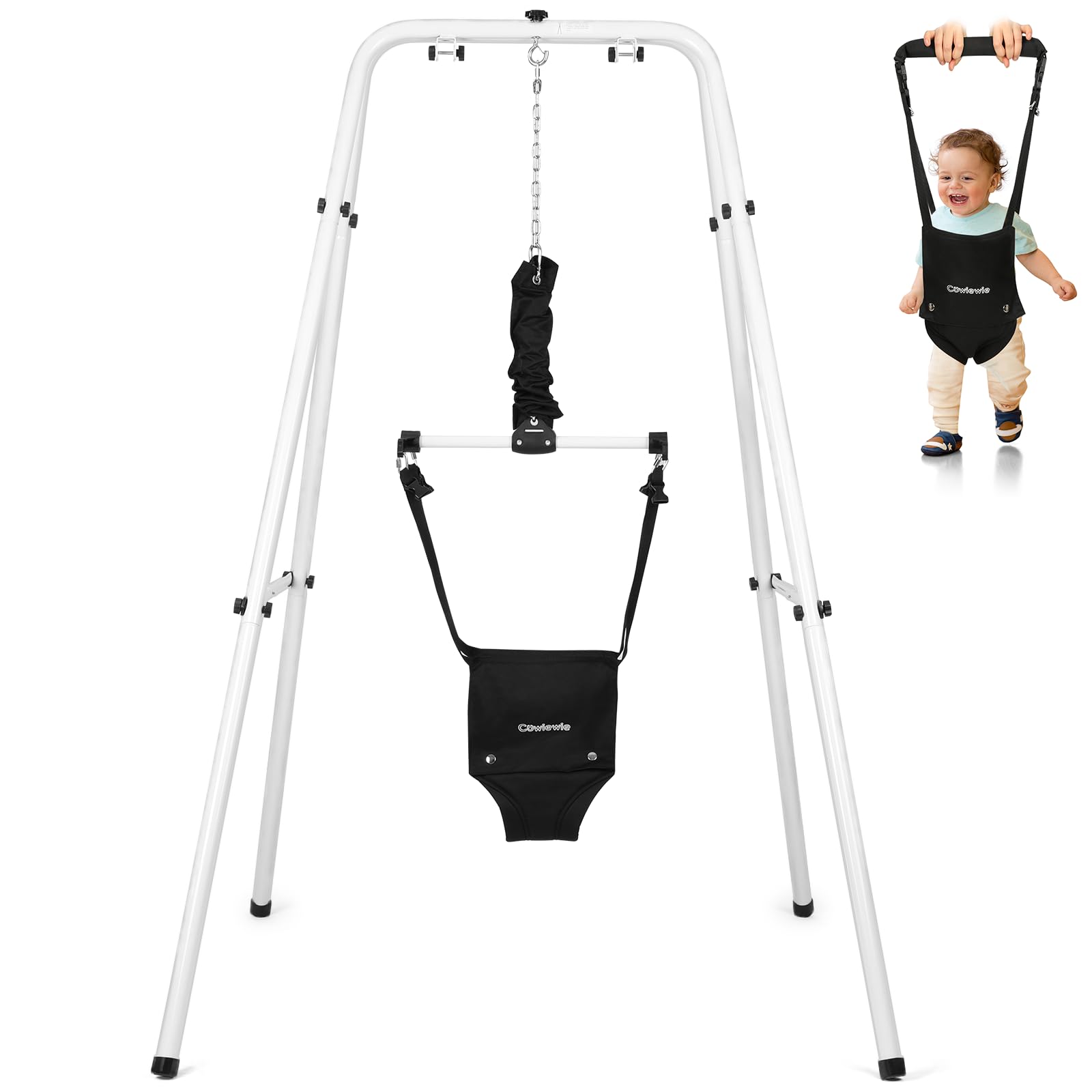 Baby Jumper with Stand, w/Walking Harness Function, for Infant 6-12 Months, Strong Support Stand for Small Spaces, White+Black