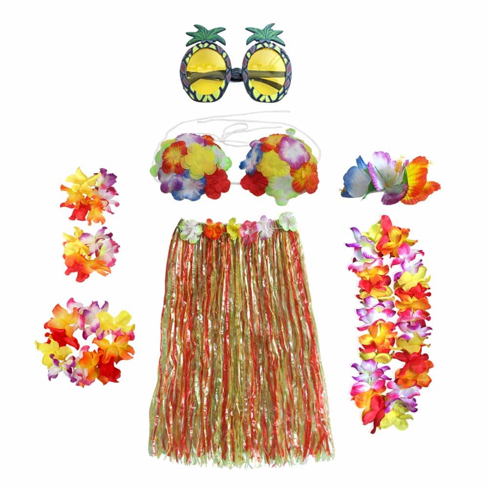8PCS Hula Skirt Costume Hawaiian Leis Dancer Dress Set with Flower Bikini Top, Hawaiian Lei, Hibiscus Hair Clip, Pineapple for Adults Fancy Dress Supplies Party Summer Beach Tropical - Multicolor