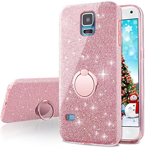 Miss Arts Galaxy S5 Case,Galaxy S5 Phone Cases, Girls Bling Glitter Sparkle Cute Phone Case With 360 Rotating Ring Stand, Soft TPU Cover + Hard PC Shell for Samsung Galaxy S5 -Rose Gold