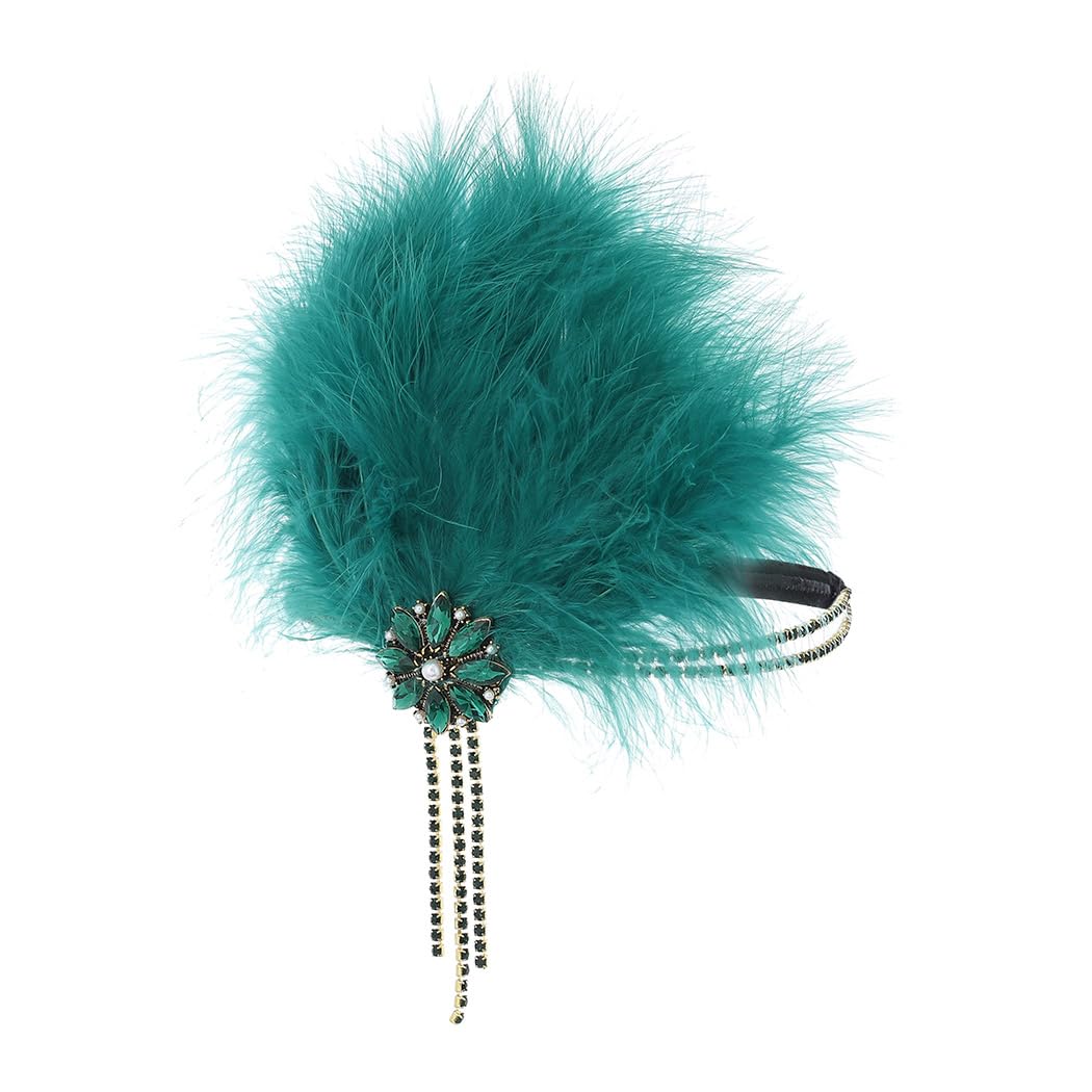 IYOU 1920s Feather Gatsby Headpiece Green Crystal Flapper Headband Tassel Vintage Party Festival Hair Accessories for Women