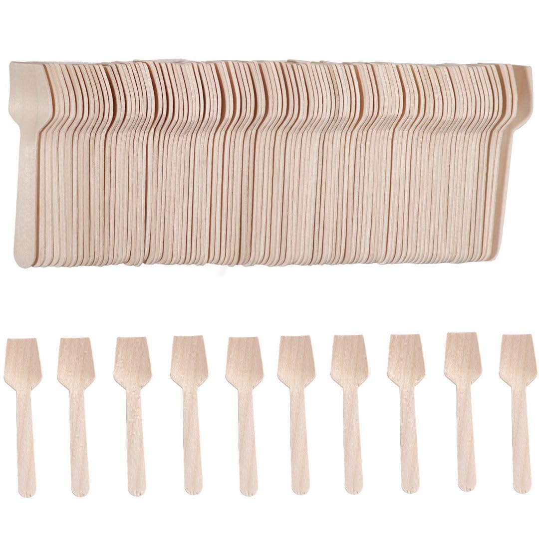 Wooden Square Spoons Set,100 PCS Eco-Friendly Wooden Spoons Set Ice Cream Spoons Recyclable Mini Wooden Cutlery for Sugar Scrub Party Dessert Jelly Cakes
