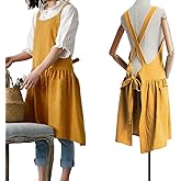 NEWGEM Cotton Linen Cross Back Apron for Women with Pockets for Painting Gardening Yellow with Waist Ties