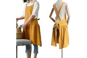 NEWGEM Cotton Linen Cross Back Apron for Women with Pockets for Painting Gardening Yellow with Waist Ties