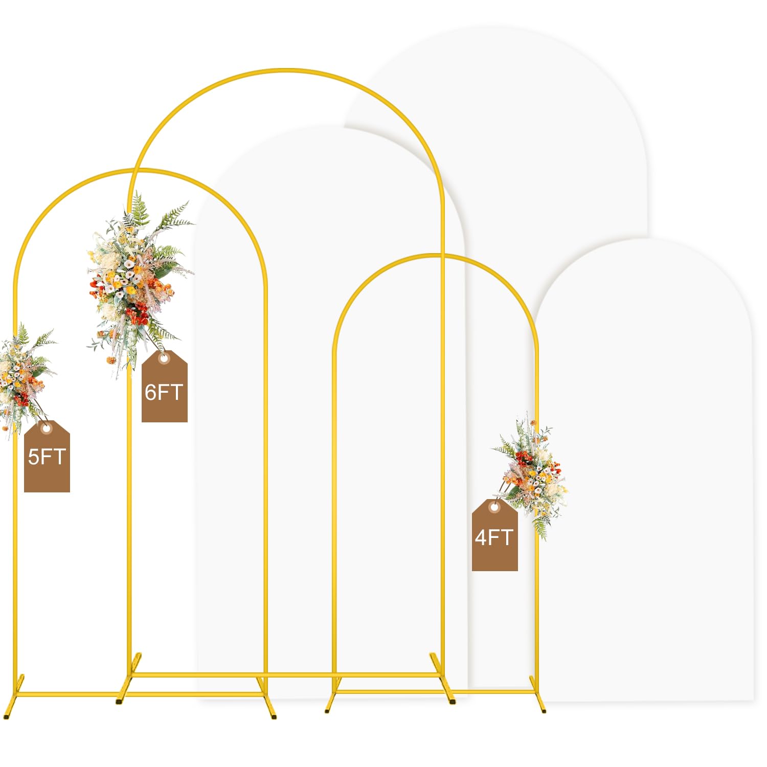 Photo 1 of MODFUNS Metal Arch Backdrop Stand and Cover Set 4&5&6ft Gold Arch Backdrop Stand and White Arches Cover Balloon Arched Backdrop Frame with Covers for Wedding Ceremony Birthday Party Decor