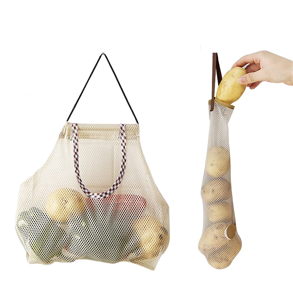 Set of 7 Pieces Long Hanging Mesh Storage Bags,Reusable Net Tote Bags for Fruit Vegetable Garlics Potato Onions Pepper Organizer