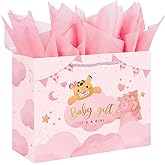 Baby Girl Gift Bag with Handles 12.5'' Cute Pink Gift Bag It's A Girl Cuddle Bear Tiger Design With 3 Matching Tissue Paper for Baby Shower Birthday Newborn Gifts Gender Reveal Party Favors Decor Supplies