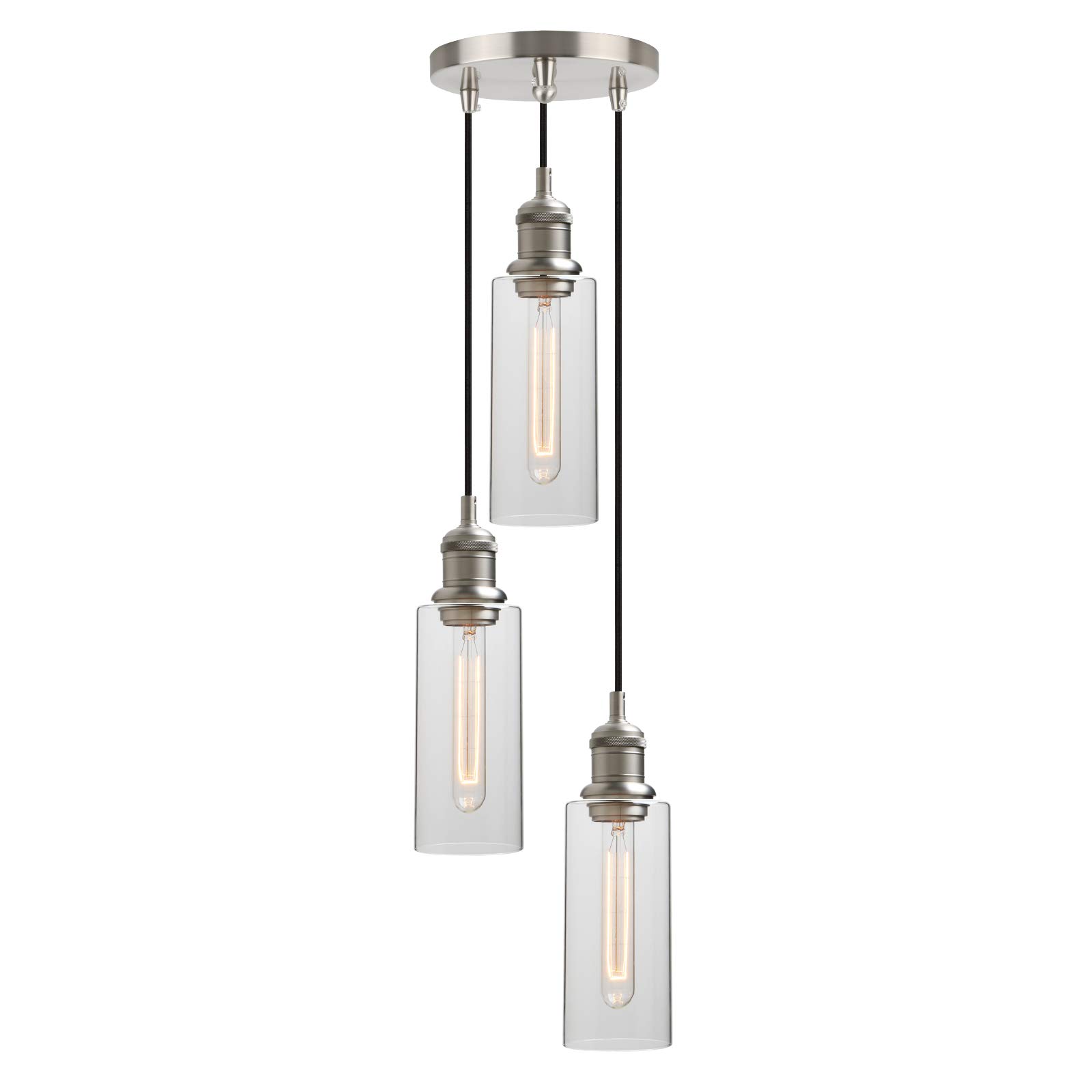 Yosoan Industrial Vintage Loft Bar Edison Chandelier Brushed 3 Way Pendant Light Fittings with Clear Glass Shade, Hanging Ceiling 3 Light for Kitchen Island Dining Room Living Room (Brushed)