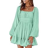 Dokotoo Womens Dress Long Lantern Sleeve Square Neck Tie Backless Sexy Dress Ruffle Elastic Waist A-Line Mini Dress