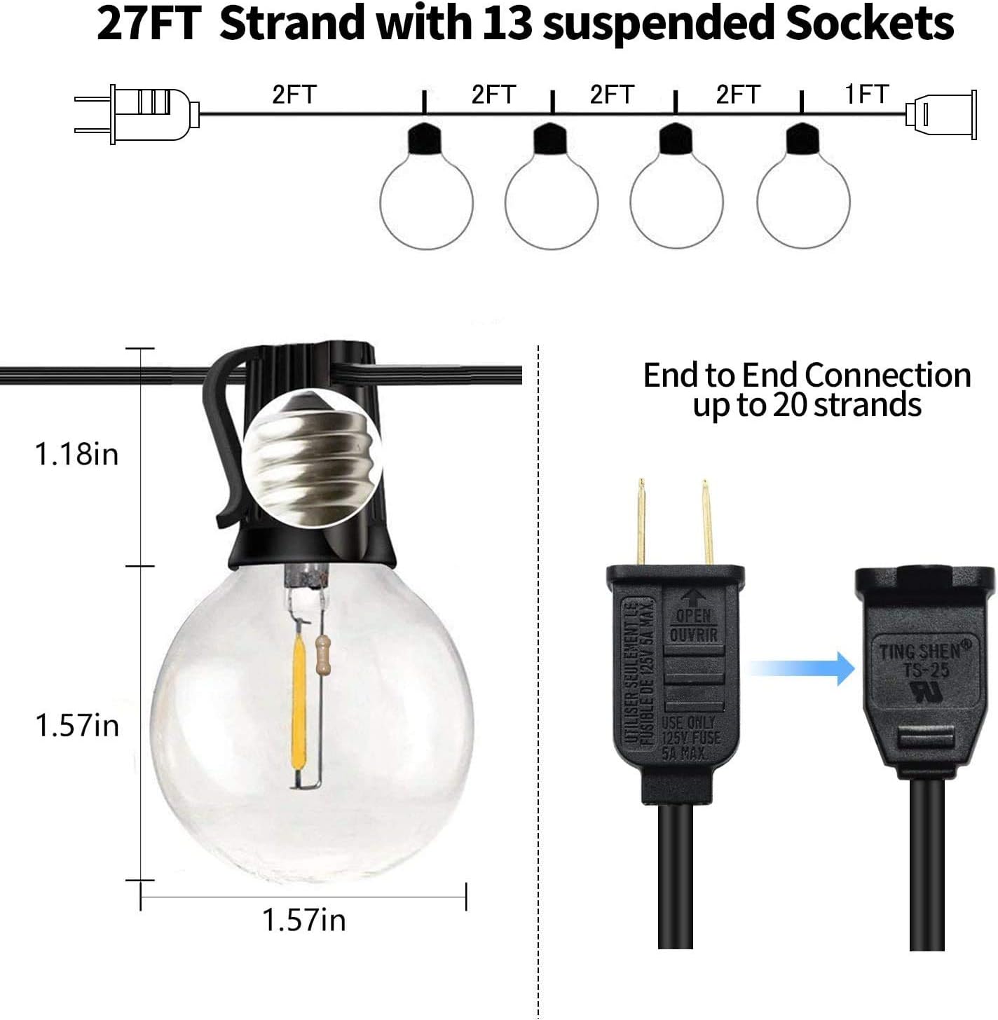 SUNTHIN Globe Outdoor String Lights, 27FT Patio String Light with 13 G40 LED Bulbs, Waterproof Hanging Lights String for Outside Backyard, Balcony, Porch, Bistro, Party: Home Improvement