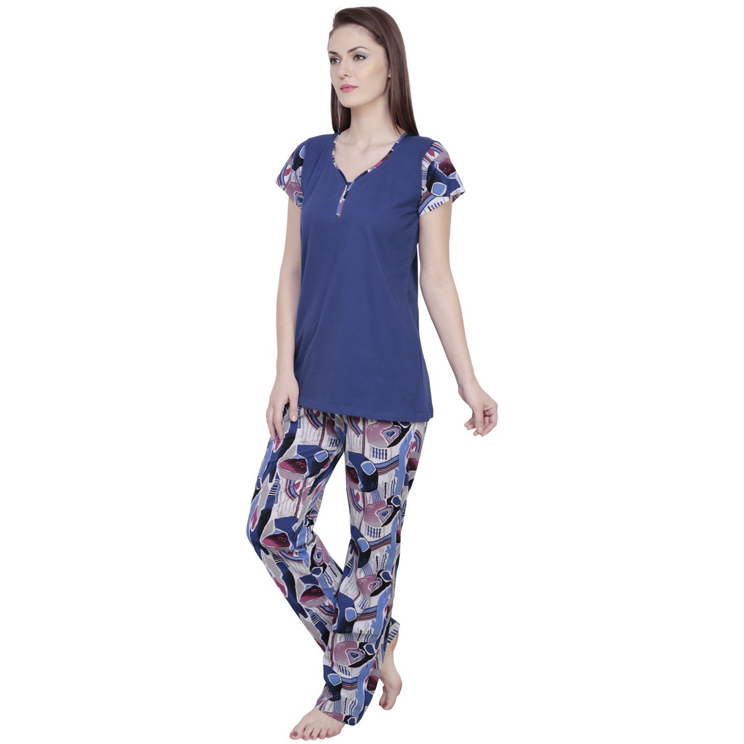 claura abstract print blue cotton night suit pyjama set
