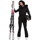 SNBOCON Women's One Piece Snowsuit Ski Suit Slim Fit High Collar Hood Zipper Jumpsuit Snowboard Waterproof Windproof Jacket