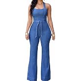 Sexyshine Women's Halter Lace Up Backless Casual Wide Leg Blue Denim Long Jumpsuit Playsuit Rompers With Belt