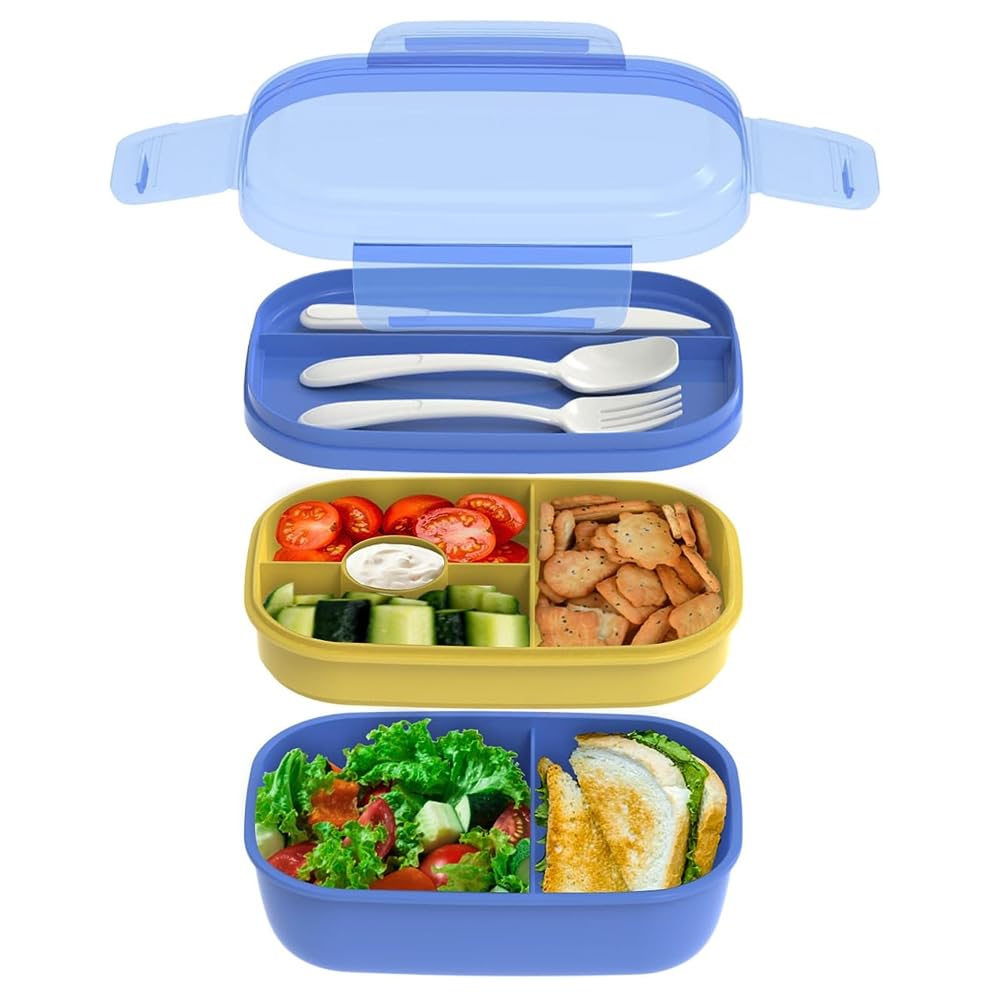 Lychico Lunch Box, 1900ml Bento Box with Spoon Fork & Dressing Containers, Stackable 3 Layer 6 Compartments Leak Proof Lunch Box, Meal Prep Container Box, Microwave Dishwasher Safe, Blue