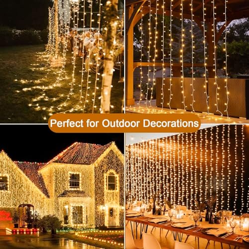 Cozymeow 600 LED 6 x 3 m Outdoor Waterfall Lights with Timer, 8 Waterproof Modes, Connectable Lights for Garden, Wedding, Gazebo, Parties, Balcony – Warm White