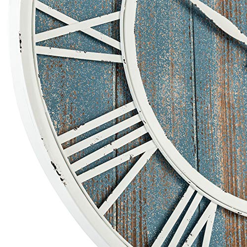 24" Coastal Wall Clock Metal & Solid Wood Noiseless Weathered Beach Blue Wall Clock (Coastal