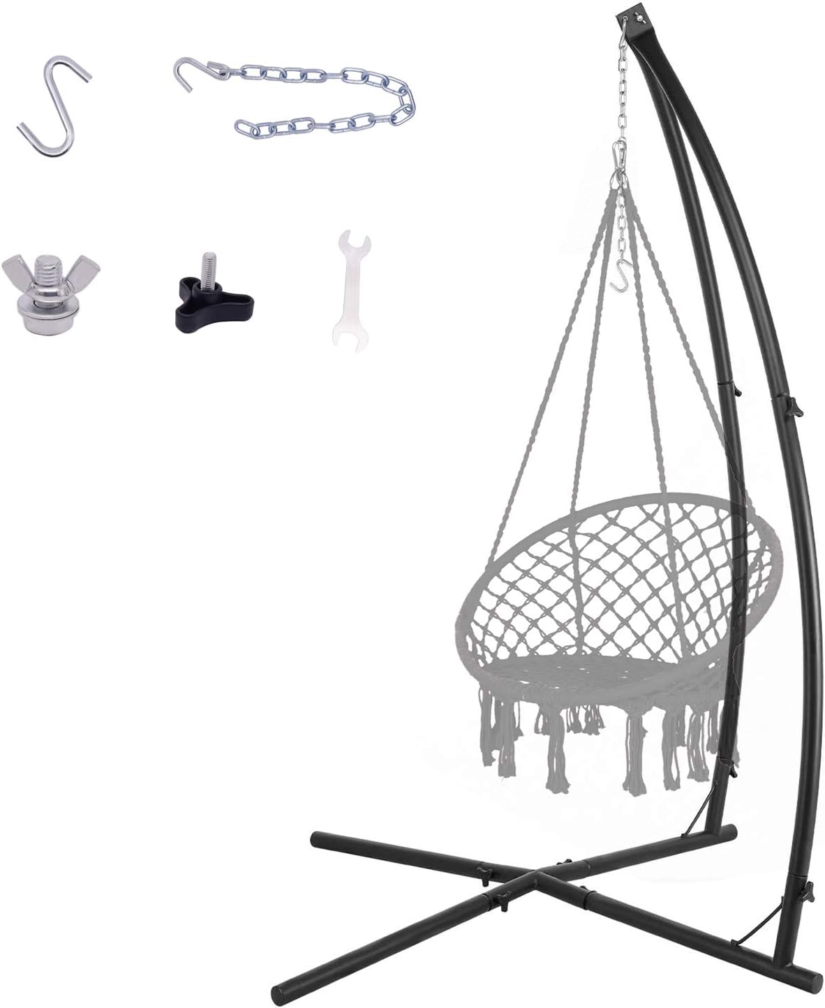 YILI C-Shape Hammock Chair Stand, Solid Steel 220lb Heavy Capacity, with 2X Hooks, 1x Chain, Indoor/Outdoor use, Rack Stand for Hanging Chair, Tree Tent, Air Porch Swing, Loungers, Yard, Garden, Patio, Black : Kitchen & Dining