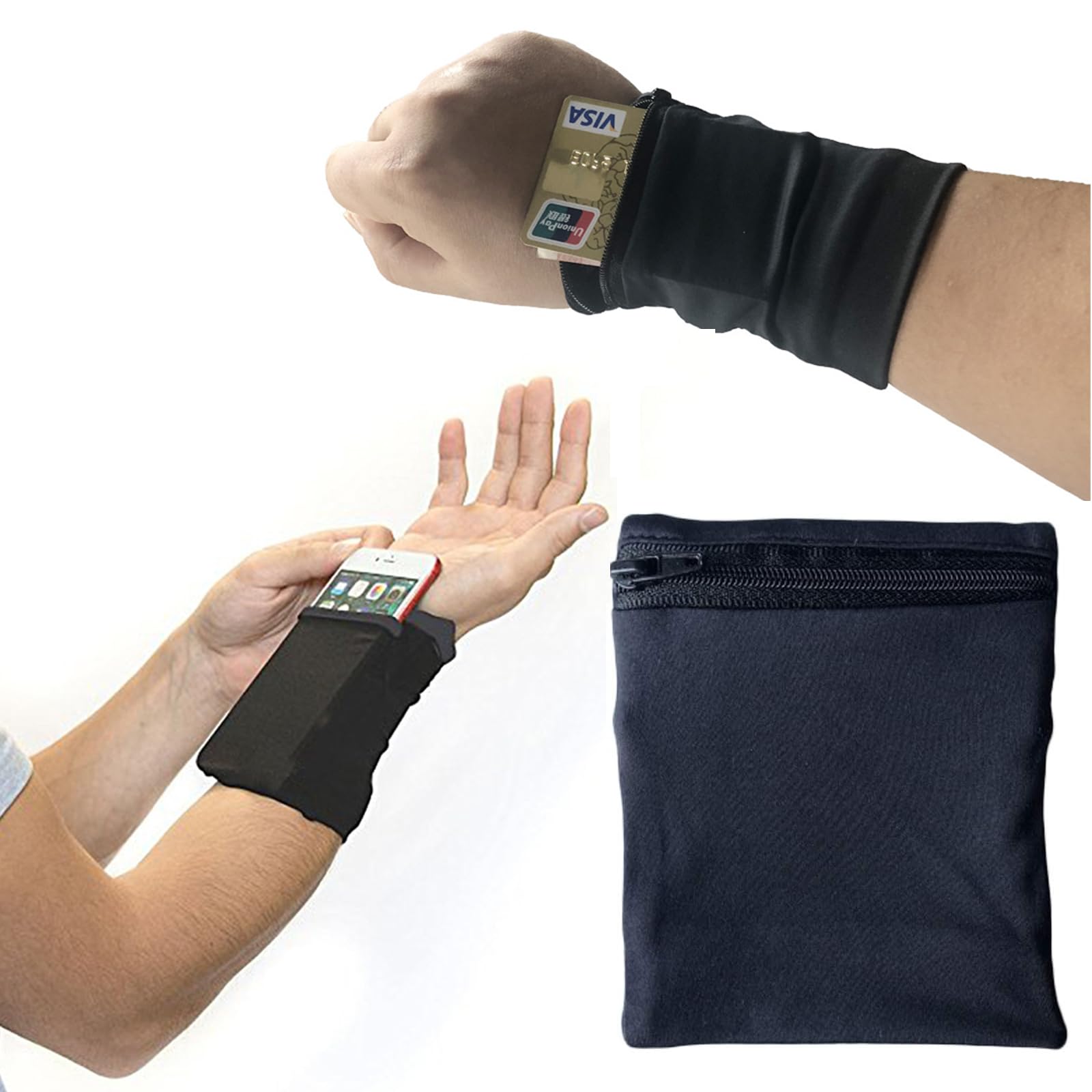 DragonX2 Running Wrist Wallet, Sweat Proof Zipper Pocket for Phone & Cash, Sport Wristband, Black (5*4 in)