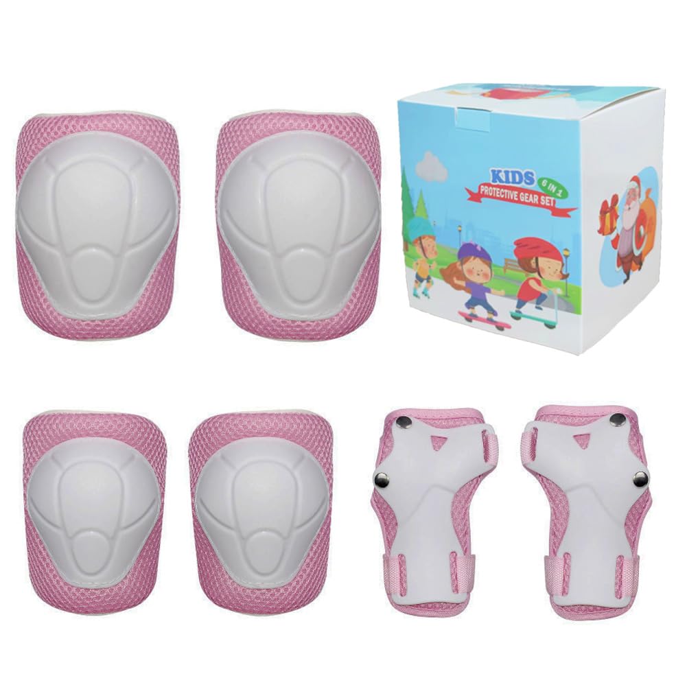 LANOVAGEAR Kids Knee Pads Set Elbow Pads Wrist Guards Protective Gear Set for Roller Skates,Scooter,Inline Skating,Cycling,Bike,Skateboard,Riding (pink-lk, S)