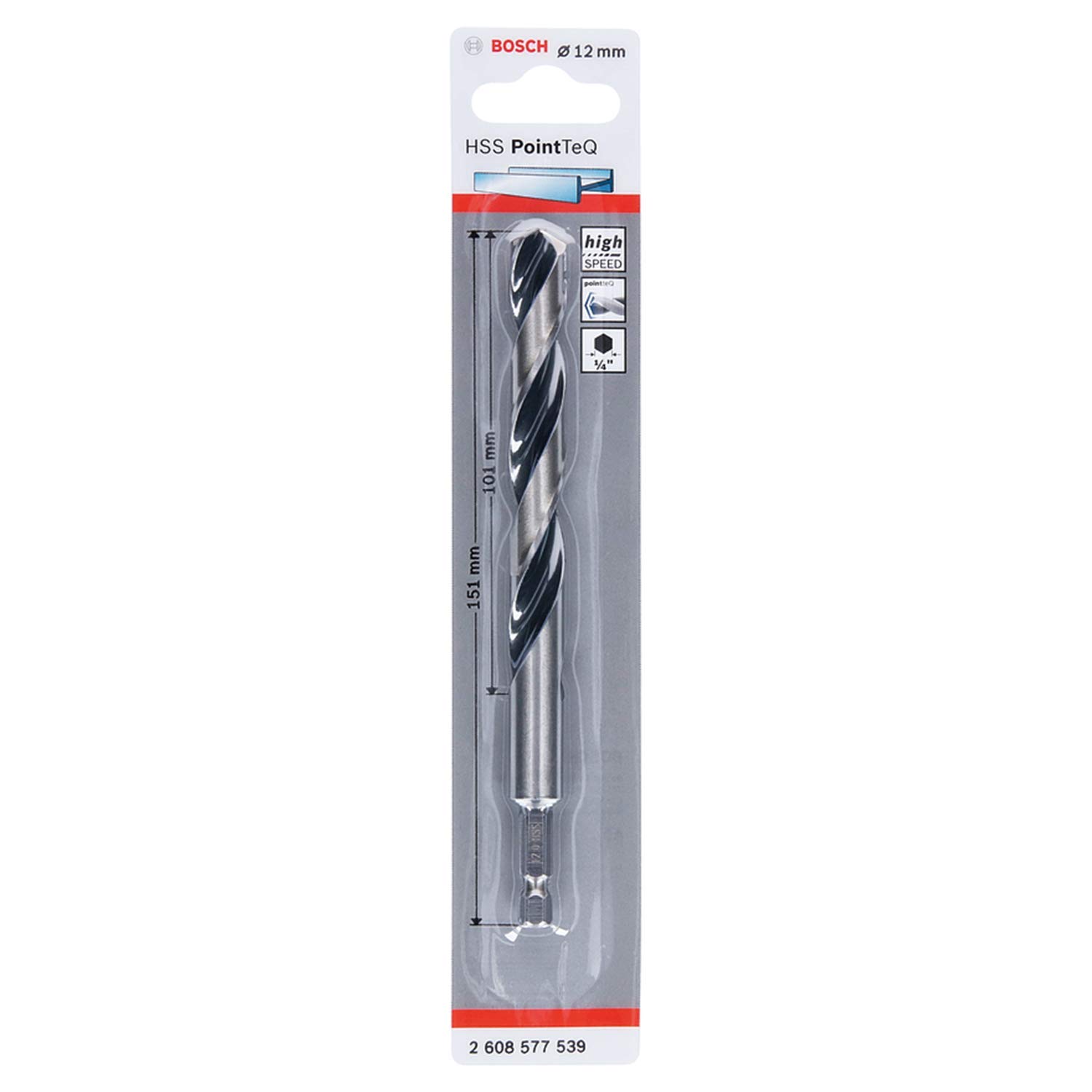 Bosch Professional PointTeQ Hex Drill Bit (for Metal diameter : 12.0 mm, Total Length: 151 mm, ¼’’ Hex Shank