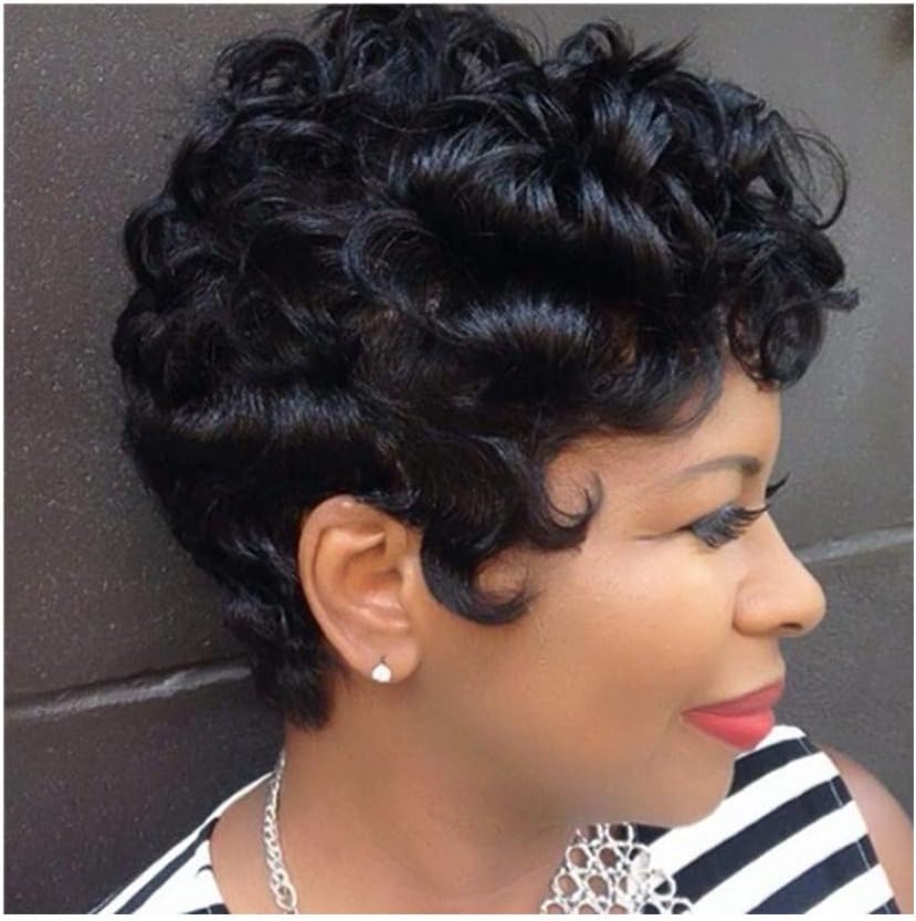 Short Natural Black Curly Pixie Cut Human Hair Wigs with Bangs Lace Front Wigs Brazilian Wave Hair Wigs for Black Women