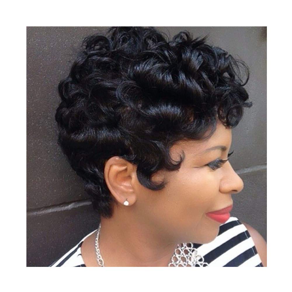 Amazon Com Short Natural Black Curly Pixie Cut Human Hair Wigs