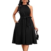 Nmoder Halter Dresses for Women|A-Line Cocktail Wedding Guest Bridesmaid Sleeveless Summer Midi Dress with Belt Pockets