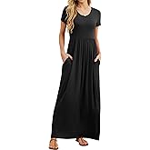 GRECERELLE Women Summer Casual Maxi Long Dress Short Sleeve Crew Neck with Pockets, Size S-3XL