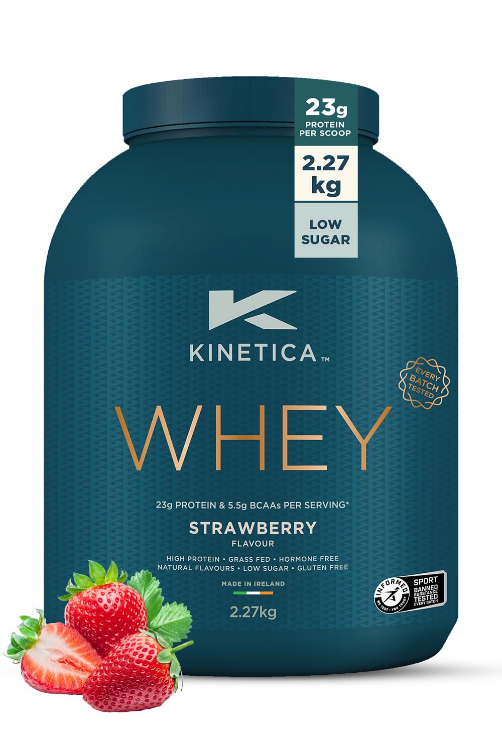 Kinetica Sports Whey Protein Powder - Strawberry, 2.27 Kg, 76 Servings | 23g Protein, 5.5g BCAA Amino Acid & 4.32g Glutamine | Recovery Shake for Optimum Nutrition | WADA & Informed Sport Approved