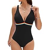 Cromi Women's One Piece Swimsuits V Neck Adjustable Straps Bathing Suit Athletic Color Trim Padded Swimwear
