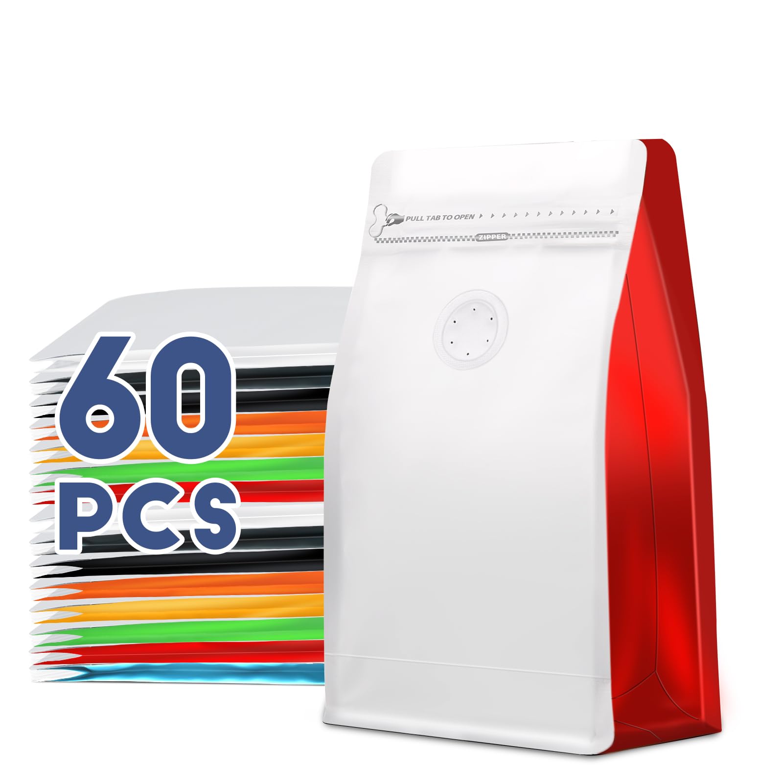 Photo 1 of Coffee Bags with Valve(60pcs,8 oz,1/2 lb) Vented Coffee Beans Packaging Bags High Barrier Aluminumed Foil Flat Bottom Heat Sealed Side Zipper Resealable Storage Bag for Home or Business (White+Red?