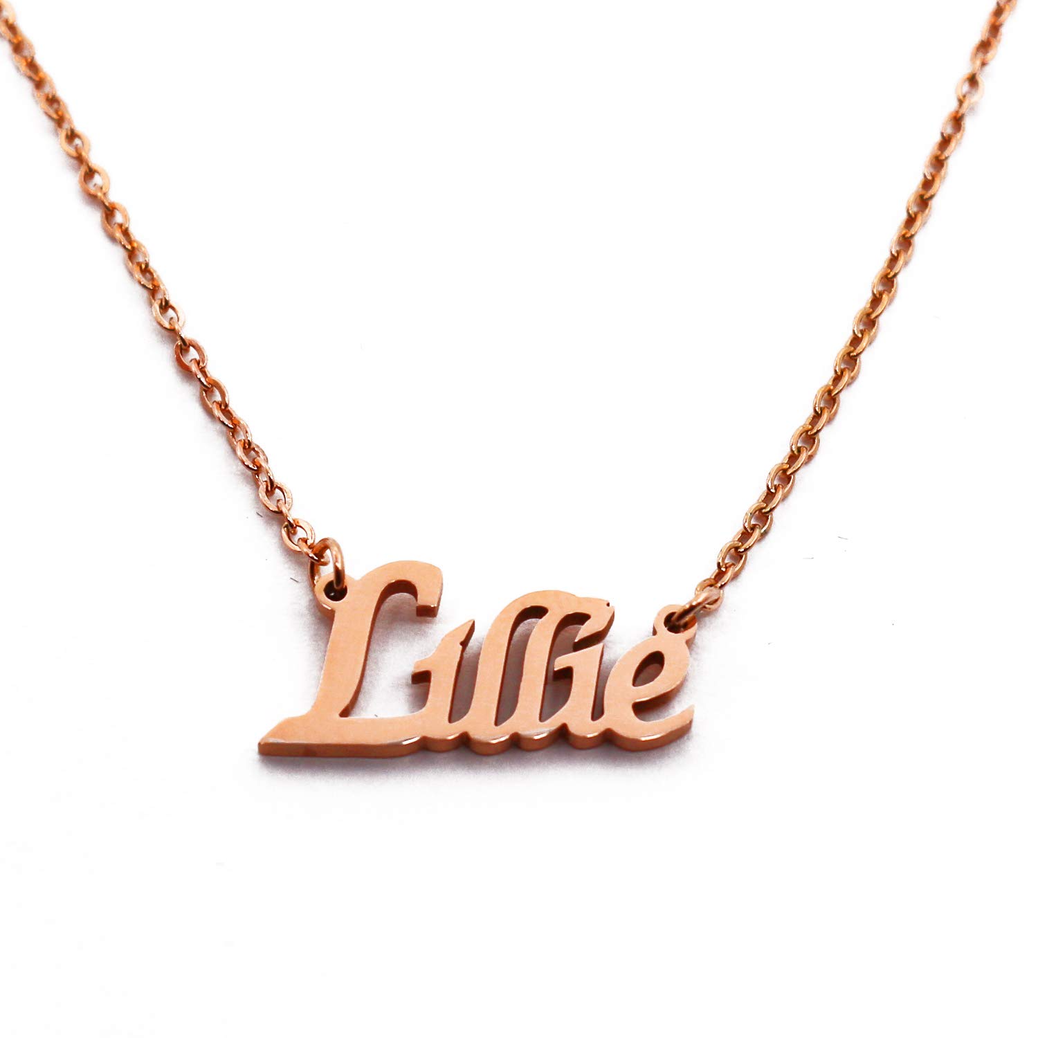 Kigu Lillie Personalised Name Necklace 18ct Rose Gold Plated, Custom Dainty Name Pendants, Jewellery for Ladies, Girlfriend, Mother, Sister, Friends
