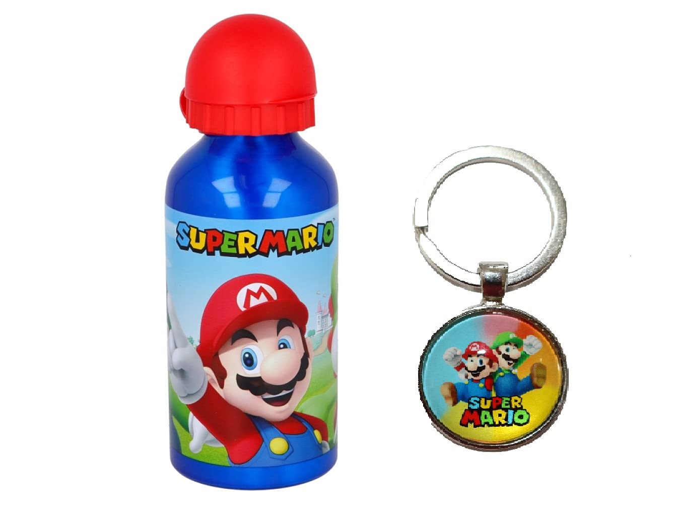 Super Mario Characters Aluminium Sports Bottle 400ml - Holiday, Back to School Water Drinking Kids Lunch Children Includes Super Mario Keychain