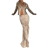 magorange Women Sexy Floral 2 Piece Sets Long Sleeve Faux Fur Collar Button Top and Maxi Skirt Club Outfits