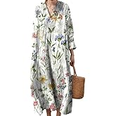 Akivide Women's V Neck Boho Floral Linen Maxi Dress Casual Plus Size Long Sleeve Beach Vacation Tunic Dresses with Pockets