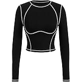 Verdusa Women's Long Sleeve Shirts Basic Tees Stitching Crop Tops Fitness Clothing