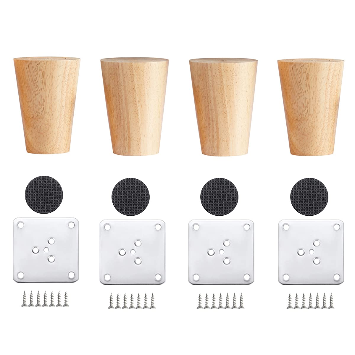 Qrity 4 PCS Wooden Furniture Legs, Straight Replacement Sofa Feet with Non-slip Mat, Screws & Mounting Plate, 6CM