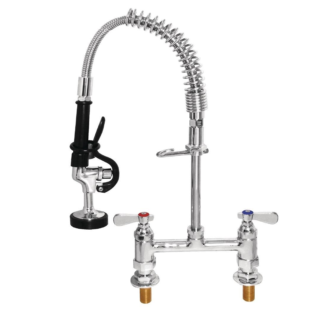 Vogue Mini Pre-Rinser Tap, Polished Stainless Steel, Twin Pedestal, 1/2 inch inlet 50 cm Flexible Hose has 90° Turn