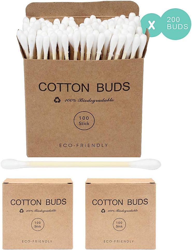 SWKJ Bamboo Cotton Buds, 200 PCS (2 x 100) Eco-Friendly Cotton Ear Buds Swabs with Bamboo Handle
