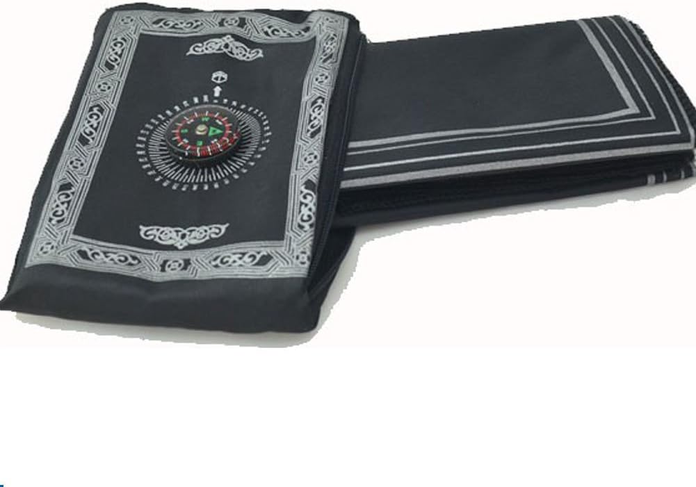 EIOO® New Portable Islamic Prayer Mat / Rug with Compass Qibla Finder + Booklet(thin Prayer Mat)Ramadan Gift (Black)
