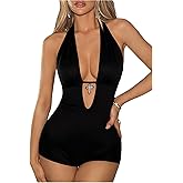 Verdusa Women's Rave Outfits Y2K Halter Backless Rompers Sexy Club Bodycon Jumpsuits