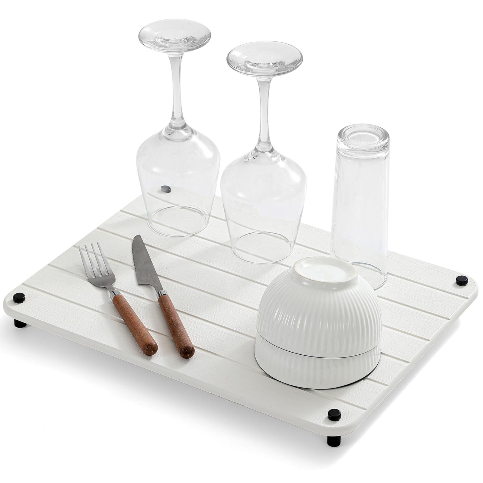 Razborci Stone Dish Drying Mat for Kitchen Counter, Water Absorbing Bathroom Tray Sink Organizer, Diatomaceous Earth Countertop Dish Rack Riser Sponge Holder Soap Dish, White, 16" x 12" Image