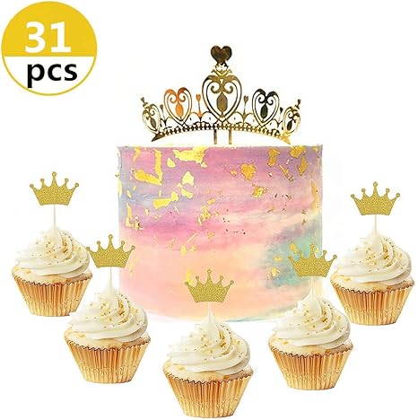 Amazon Jevenis 31個入り キラキラプリンセスカップケーキトッパー クラウンカップケーキラッパー クラウンカップケーキトッパー ベビーシャワーカップケーキデコレーション 誕生日 ベビーシャワー パーティー デコレーション用品 おもちゃ おもちゃ