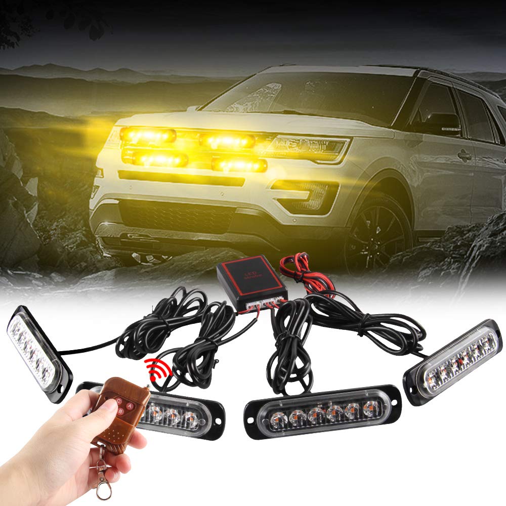 Teguangmei 4x6 LED Car Emergency Strobe Flashing Beacon Lights 4 in 1 Surface Mount Grill Light Warning External Light with Wireless Remote for Vehicle Truck Trailer Van DC12V Amber
