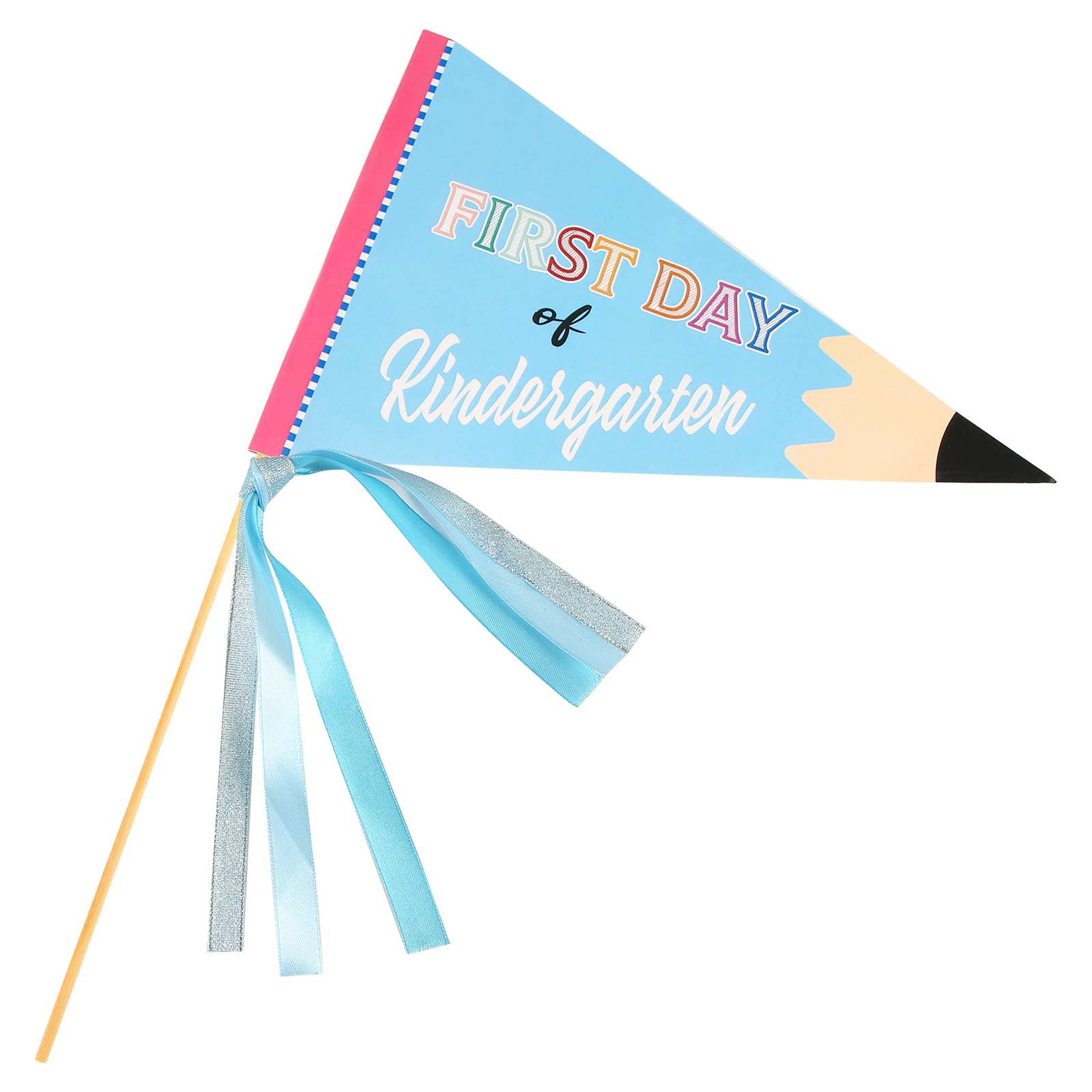 First Day of Kindergarten Flag, Cheerful Party Pennants with Ribbons and Wood Stick Celebratory Pennant Banner Flags Decorative Creative Kindergarten Flag for First Day of School Decorations