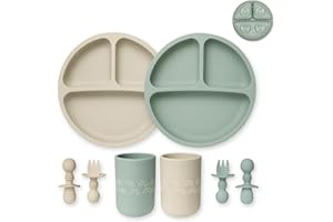 Hippypotamus Silicone Baby Feeding Set - Suction Toddler Plates, Weighted Toddler Cups & Baby-Safe Utensils - 100% Pure Food Grade Silicone - Set of 2 (Sage/Sand)