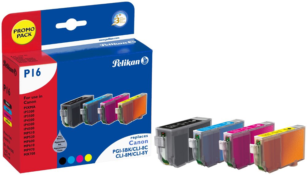 Pelikan Promo Pack P16, Ink Tank (Replaces Canon CLI-8C, Canon CLI-8M, Canon CLI-8Y, Canon PGI 5Bk), 1 x Black, Yellow, Cyan, Magenta, Genuine