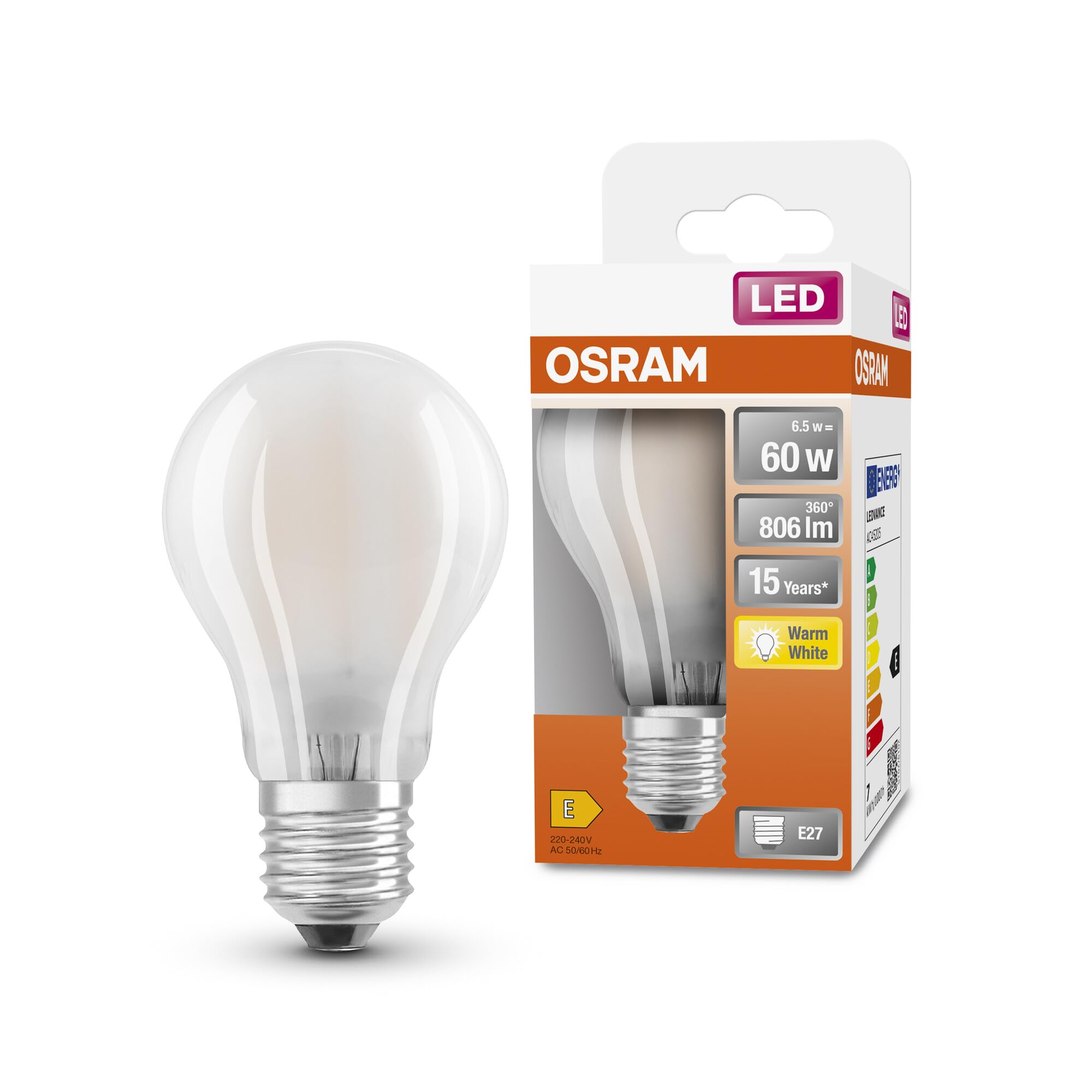 OSRAM Led Star Classic A60 Led Lamp for E27 Socket, Pear Shape, Matt Glass, 806 Lumens, Warm White (2700K), Replacement for Conventional 60W Light Bulbs, Not Dimmable, 1-Pack