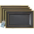 Yumchikel Hard Plastic Serving Tray Set, Black & Gold Rim Disposable Trays & Platters Large Plastic Trays for Parties, Weddings,Food Trays for Cookies, Dessert, 8" x 13", 6 Pack Halloween Trays