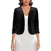 MINTLIMIT Velvet Blazers for Women 3/4 Ruched Sleeve Open Front Casual Work Office Cropped Cardigan Suit Jacket Black Medium